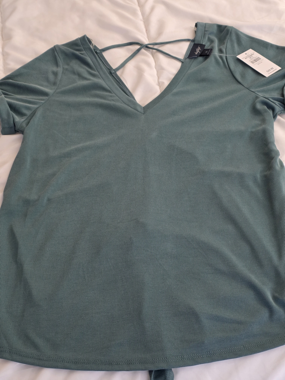 Daytrip Teal V-Neck Short Sleeve Tee with Crisscross Back